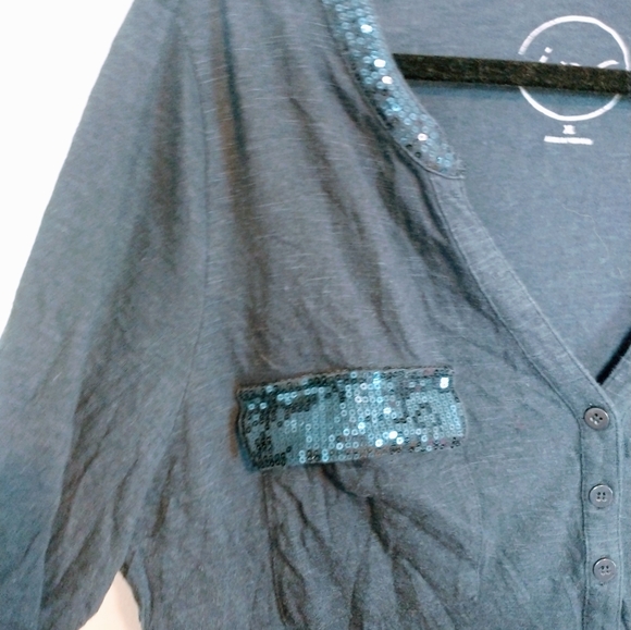 INC Navy blue top XL, has sequin detail at the breast pockets and collar. Wash w - Picture 4 of 5